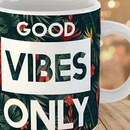 Keviv White & Green Good Vibes Only Printed Ceramic Glossy Coffee Mug 325 ml-image-87