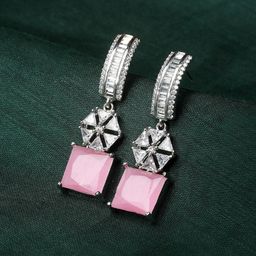 ZENEME Rhodium-Plated American Diamond Studded Drop Earrings-14