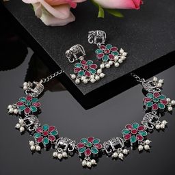 PANASH Silver-Plated Stone-Studded & Beaded Elephant Shaped Jewellery Set-image-23