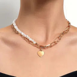 Yellow Chimes White Gold-Plated Pearl Studded Layered Heart Shaped Necklace-54