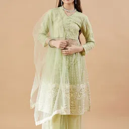 Cherry & Jerry Girls Embroidered Sequinned V-Neck A-Line Kurta With Sharara & Dupatta-picture-3