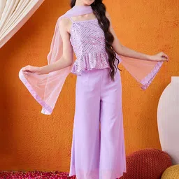 Cherry & Jerry Girls Embroidered Regular Sequinned Kurti with Sharara & With Dupatta-picture-4