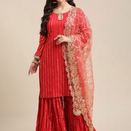 Varanga Women Red Embroidered Gotta Patti Kurta with Sharara & With Dupatta-image-16