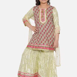 Little Bansi Girls Grey Floral Pure Cotton Kurta with Sharara & With Dupatta-image-77