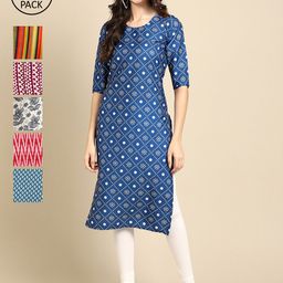 7Threads Women Set Of 6 Multicoloured Striped Crepe Kurta-image-40