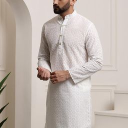 ROYAL KURTA Geometric Embroidered Band Collar Cotton Straight Kurta-image-71