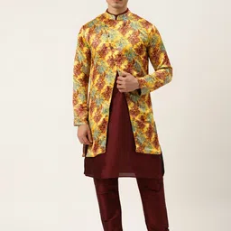 SOJANYA Men Maroon Solid Kurta with Churidar & Printed Jacket-37