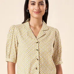 AKKRITI BY PANTALOONS Mustard Yellow Geometric Print Cotton Shirt Style Top-image-70