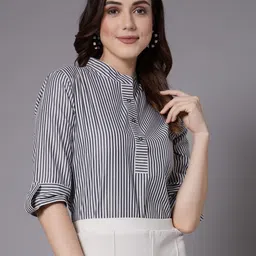 Style Quotient Grey Vertical Striped Mandarin Collar Shirt Style Top-picture-44
