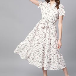 Mast & Harbour Off-White & Olive Green Floral Print Tiered Shirt  Sustainable ECOVERO Dress-image-94