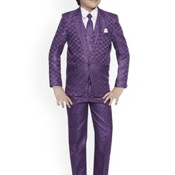 Jeetethnics Boys Purple Checked Coat Suit Set with Waistcoat Shirt and Trousers-image-49