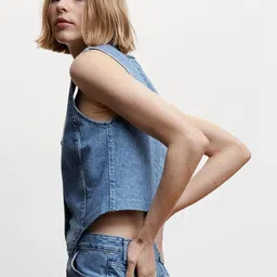 MANGO V-Neck Pure Cotton Denim Waistcoat-image-34