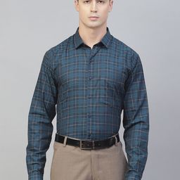 MANQ Men Blue & White Tartan Checked Pure Cotton Semiformal Shirt-image-55