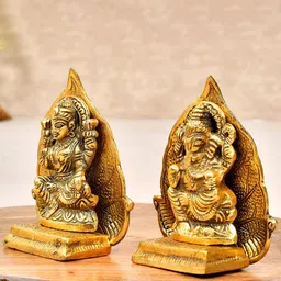 Ascension Beige Textured Laxmi Ganesh Idol on Leaf Singhasan Showpiece-picture-8