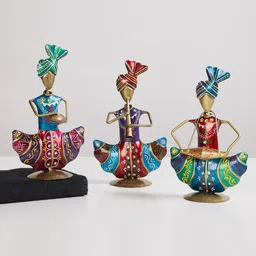 Home Centre Set Of 3 Blue & Green Printed Iron Sitting Musicians Showpieces-33