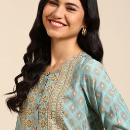 SHOWOFF Women Blue & Brown Floral Embroidered Floral Chanderi Silk Kurta-picture-19