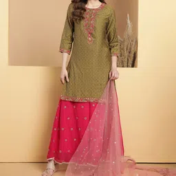 Be Indi Embroidered Mirror Work Chanderi Silk Kurta with Sharara & With Dupatta-40