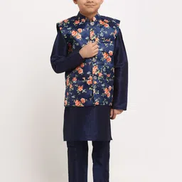 KRAFT INDIA Boys Navy Blue Floral Printed Dupion Silk Kurta with Churidar & Nehru Jacket-31