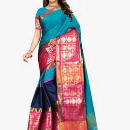 Indian Fashionista Turquoise Blue & Pink Woven Design Zari Art Silk Banarasi Saree-picture-22