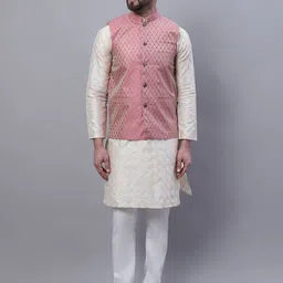 SOJANYA Embroidered Mandarin Collar Kurta with Pyjamas & Nahru Jacket-picture-42