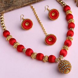 AKSHARA Gold-Plated & Red Stones-Studded & Beaded Wooden Balls Silk Thread Jewellery Set-image-35