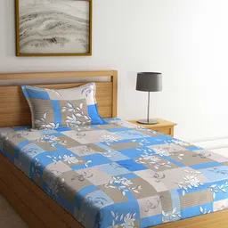 KLOTTHE Blue & Grey Floral-Printed Pure Cotton 400 TC Single Bedsheet With 1 Pillow Cover-12