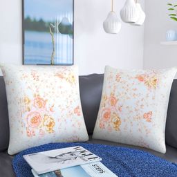 TANLOOMS Peach & White 2 Pieces Floral Printed Square Cushion Covers-4
