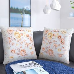 MONKDECOR Peach-Coloured & White 2 Pieces Floral Jute Cotton Square Cushion Covers-16