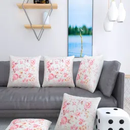 MONKDECOR Pink & White 5 Pieces Floral Jute Cotton Square Cushion Covers-14