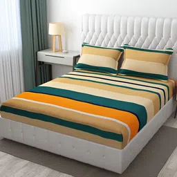 Quirky Home Yellow Striped Microfiber 144 TC Fitted Queen Bedsheet With 2 Pillow Covers-image-85