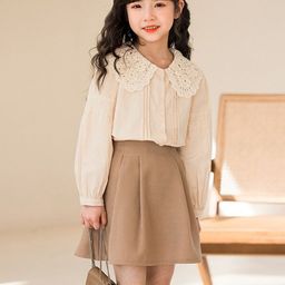 StyleCast Girls Khaki Lace Insert Pure Cotton Top with Skirt-image-46