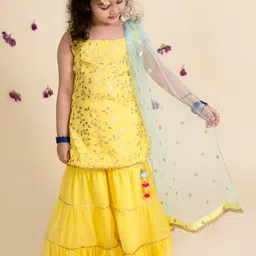 pspeaches Girls Yellow Embroidered Kurti with Sharara & With Dupatta-image-67