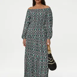 Marks & Spencer Abstract Printed Off-Shoulder Puff Sleeves Maxi Fit & Flare Dress-image-99