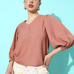 her by invictus Warm Mauve Solid Once Upon A Sleeve V-Neck Puff Sleeve Top-41