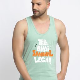Friskers Men's Sea Green & White Printed Pure Cotton Gym Vest-57