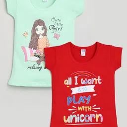Nottie Planet Girls Pack Of 2 Red & Green Printed T-shirt-image-26