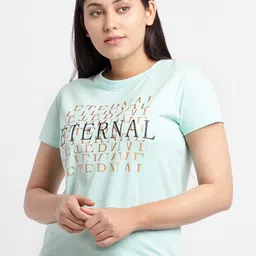 Status Quo Women Sea Green Typography Printed Cotton T-shirt-image-11