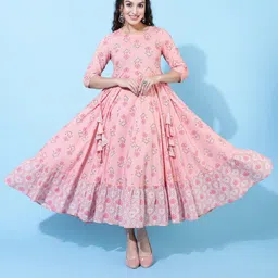 GULMOHAR JAIPUR Floral Printed Round Neck Jaipuri Cotton Anarkali Kurta-image-31