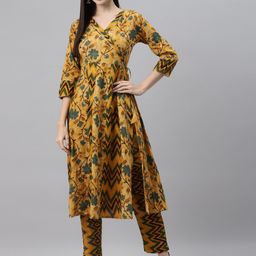 Indibelle Ethnic Motifs Printed V-Neck Gotta Patti Cotton Angrakha Kurta-image-14