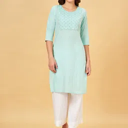 RANGMANCH BY PANTALOONS Women Geometric Embellished Flared Sleeves Chikankari Kurta-image-96