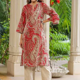 Rain & Rainbow Ethnic Motifs Printed Notched Neck Straight Pure Cotton Kurta-picture-6