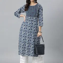 Stylum Women Navy Blue Geometric Printed Thread Work Indigo Kurta-13