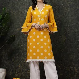 plusS Mustard Yellow Floral Printed V-Neck Bell Sleeves Straight Kurta-image-91