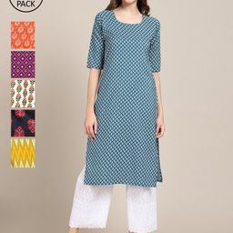 7Threads Women Blue And Yellow Summer Sheers Crepe Kurta [PACK OF 6]-image-5