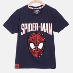 Nap Chief Boys Black Spider Man Reversible Sequin Pure Cotton Slim Fit T-shirt-image-62