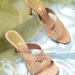 House of Pataudi Women Peach & Gold-Toned Handcrafted Printed Slim Heel Sandals-42