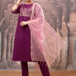 Vishudh Magenta Ethnic Motifs Embroidered Straight Kurta with Trouser & Dupatta-picture-52