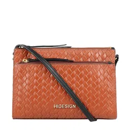 Hidesign Tan Brown Woven Design Leather Structured Sling Bag-13