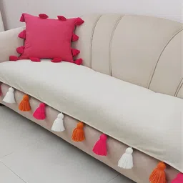 THROWPILLOW Off White & Pink Anti Slip Tassels 4 Seater Sofa Cover-image-43