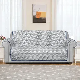 Rajasthan Decor Blue & Off-White Screen Print 3 Seater Quilted Sofa Cover-image-43